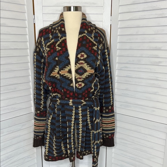 Vintage 1998 Ralph Lauren Blue and Cream Southwest Aztec Hand Knit Cardigan M - Picture 1 of 15